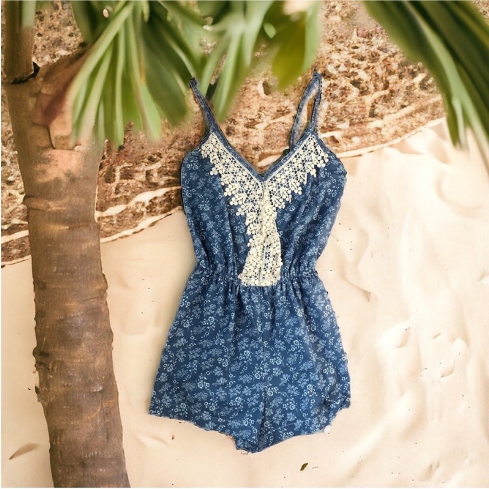 Fashion 2 U Blue and Cream Floral Patterned Romper